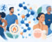 Ilustração de moléculas de peptídeos junto a pessoas e símbolos de saúde, pele e atividade física