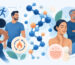 Ilustração de moléculas de peptídeos junto a pessoas e símbolos de saúde, pele e atividade física