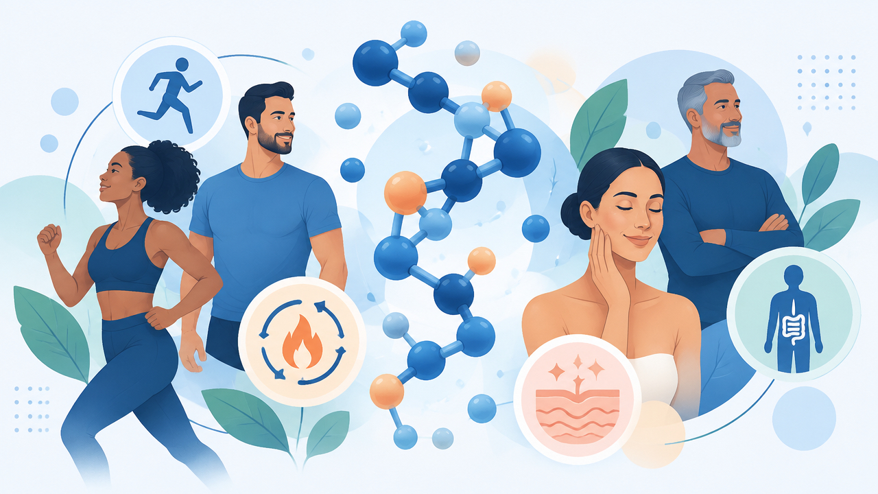 Ilustração de moléculas de peptídeos junto a pessoas e símbolos de saúde, pele e atividade física