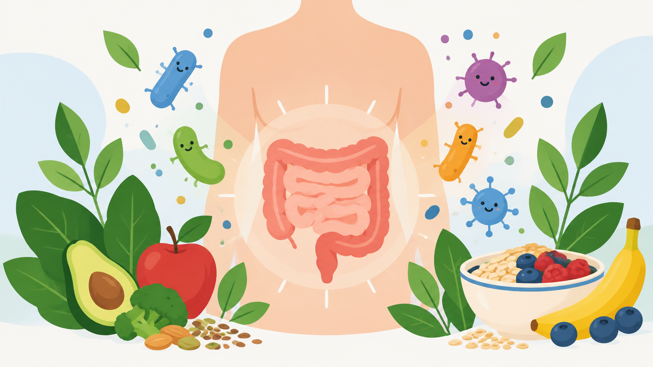 Ilustração de uma silhueta humana com intestino estilizado, microrganismos e alimentos naturais, representando a saúde da microbiota intestinal.