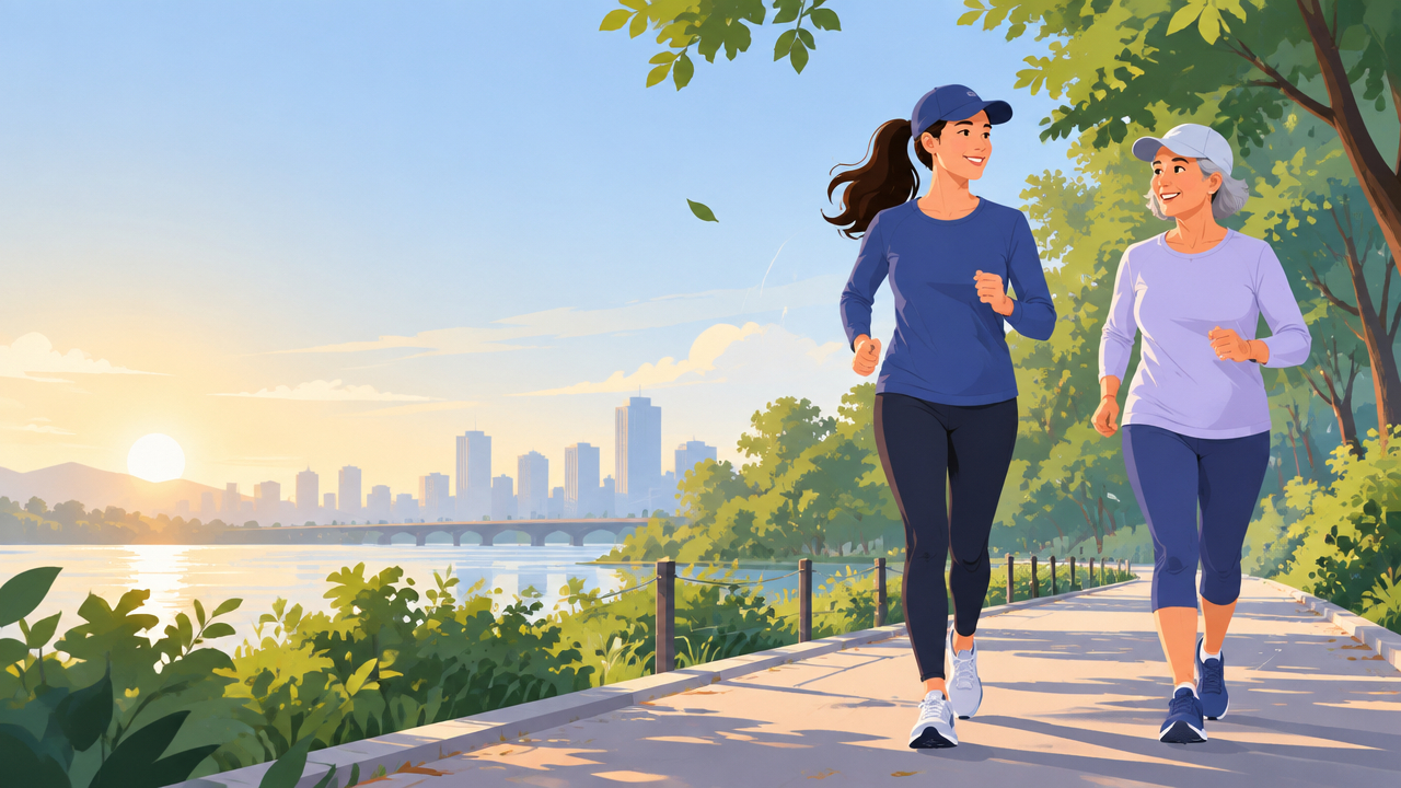 Pessoas adultas correndo em ritmo confortável ao ar livre com proteção solar, em uma ilustração sobre corrida e saúde ao longo da vida.